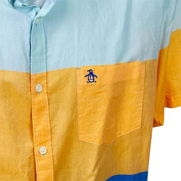 Penguin Mens Shirt Size  XL SS Slim Fit Blue Yellow Pale Blue Stripe - Picture 7 of 9